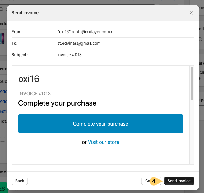 Create quote in Shopify: Final step to send invoice